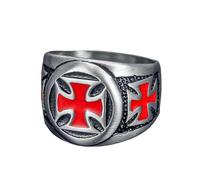 BCJMKDX Rings, Men's Templar Crusader Inquisition Ring - Stainless Steel Black/Silver Gothic Ring with Red Enamel(Silver,Q)