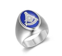 BCJMKDX Rings, Oval Blue Enamel Masonic Luxury Ring with Divine Watchfulness | Freemason Tone Jewellery(Silver,W)