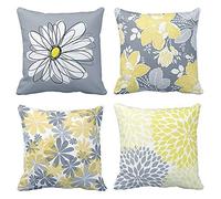 BCKAKQA Decorative Cushion Covers 45cm x 45cm Grey and Yellow Flowers Throw Pillow Cover Soft Polyester Square Throw Pillow Case for Living Room Sofa Couch Bed Pillowcases (18'' x 18'') Set of 4