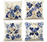 BCKAKQA Decorative Throw Pillow Covers Set of 4 Navy Blue Flower Cushion Covers 45 x 45 cm Boho Linen Square Throw Pillow Cases 18 x 18 Inch for Living Room Bedroom Sofa Couch Bed Pillowcases
