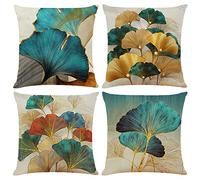 BCKAKQA Set of 4 Decorative Throw Pillow Covers 18x18 inches Teal and Gold Leaves Cushion Covers 45cm x 45cm Linen Square Pillowcases for Bedroom Living Room Sofa Couch Bed Throw Pillow Cases
