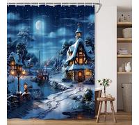 BCNEW Winter Shower Curtain Navy Blue Christmas Starry Night Full Moon Snowflake Misty Forest Natural Wonderland Polyester Fabric Bathroom Decor 70×70 Inch with Hook