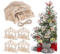 BCOATH 20Pcs Wooden Christmas Nativity Hanging Ornaments Set, Unfinished Wooden House Decorations for Tree, Religious Christian the Birth of Jesus Holiday Decor