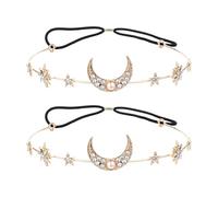 BCOATH 2pcs Crystal Rhinestone Headbands with Moon and Star Design, Elegant Wedding Hair Jewelry Set, Elastic Geometric Pearl Hair Accessories for Party and Bridal Styling
