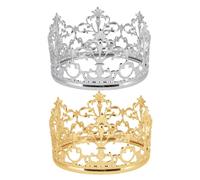 BCOATH 2pcs Mini Crown Cake Topper Reusable Prince and Princess Headpiece for Birthday Shower Wedding Cake Decoration Sturdy Vintage Style Party Ornament Gold White
