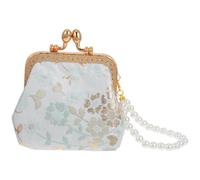 BCOATH Green Floral Brocade Clutch Bag with Faux Pearl Strap for Weddings | Vintage Chinese Style, Embroidered Pattern, Organised Compartments, Fits Lipstick and Cards, Tea Party Accessory