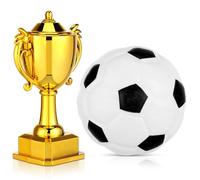 BCOATH Miniature Football Trophy and Soccer Ball Set, 6Cm Plastic Dollhouse Accessories, Gold Plastic Mini Soccer Model, 2pcs Football Decor for Dollhouse and Cake Decoration