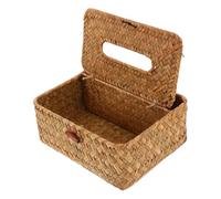 BCOATH Tissue Box Cover Natural Texture Organizer Straw Woven with Dustproof Lid and Divided Storage Sections for Kitchen or Bedroom Countertop