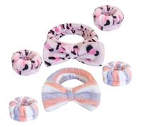 BCOATH Women’s 6pcs Tie-dye Leopard Print Fleece Headband and Face Washing Wristband Set - Pink Leopard Blue Red Stripe Spa Skincare Hair Accessories for Makeup and Sports