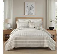 BCOTTOND Queen Quilt Set, 100% Cotton Boho Quilt Queen Size Bohemian Striped Pattern Bedspread Queen Lightweight Quilt Bedding Set Comforter Set All Season, 3 Pieces, Beige Grey