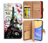 Bcov Case For Galaxy A17 5G,Paris Eiffel Tower Postcard Bird Multifunction Leather Phone Case Wallet Flip Cover with Multi Card Slots Pocket Wrist Strap for Samsung Galaxy A17 5G