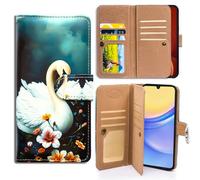 Bcov Case For Galaxy A17 5G,White Swan Butterfly Flowers Multifunction Leather Phone Case Wallet Flip Cover with Multi Card Slots Pocket Wrist Strap for Samsung Galaxy A17 5G