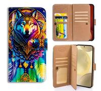 Bcov Case For Galaxy A37 5G,Colorful Wolf Mandala Dream Catcher Multifunction Leather Phone Case Wallet Flip Cover with Multi Card Slots Pocket Wrist Strap for Samsung Galaxy A37 5G