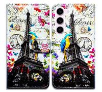 Bcov Case For Galaxy S23 FE,Paris Eiffel Tower Postcard Bird Leather Flip Phone Case Wallet Cover with Card Slot Holder Kickstand for Samsung Galaxy S23 FE