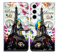 Bcov Case For Galaxy S25 FE,Paris Eiffel Tower Postcard Bird Leather Flip Phone Case Wallet Cover with Card Slot Holder Kickstand Case For Samsung Galaxy S25 FE