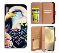 Bcov Case For Galaxy S25 FE,White Eagle Flowers Multifunction Leather Phone Case Wallet Flip Cover with Multi Card Slots Pocket Wrist Strap for Samsung Galaxy S25 FE