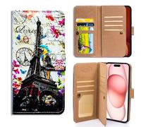 Bcov Case For iPhone 15 Pro,Paris Eiffel Tower Postcard Bird Multifunction Leather Phone Case Wallet Flip Cover with Multi Card Slots Pocket Wrist Strap for Apple iPhone 15 Pro