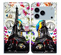 Bcov Case For iPhone 17 Pro,Paris Eiffel Tower Postcard Bird Leather Flip Phone Case Wallet Cover with Card Slot Holder Kickstand Case For iPhone 17 Pro