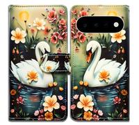 Bcov Case For Pixel 11 Pro XL,White Swan In Water Flowers Leather Flip Phone Case Wallet Cover with Card Slot Holder Kickstand For Google Pixel 11 Pro XL