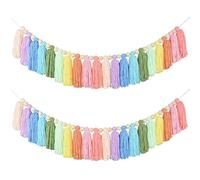 Bcowtte 2 x 37 Pastel Rainbow Tassel Garland with Pearl Tapestry for Bedroom Wall Classroom Children's Room Decor