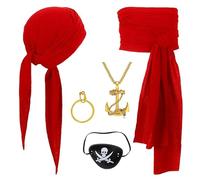 BCQTD 5 PCS Medieval Pirate Costume Accessories Set,Vintage Captain with Red Bandana Belt Earrings for Women Men Accessories Carnival Halloween Cosplay Pirate Party