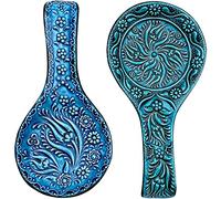 BCS Spoon Rest Set of 2 - Ceramic Spoon Holder for Stovetop & Kitchen Counter - Dishwasher Safe Handmade Kitchen Utensil (Turquoise 4.5" W x 9" L)