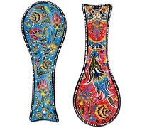 BCS Spoon Rest Set of 2 - Ceramic Spoon Holder for Stovetop & Kitchen Counter - Dishwasher Safe Handmade Kitchen Utensil (Blue-Red 3.5” W x 9" L)