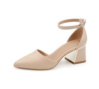 BCTEX COLL Womens Pointed Toe Pumps Shoes Ankle Strap Chunky Low Heels Metal Lined Sandals Designed for Women, Nude Pu, 6 UK