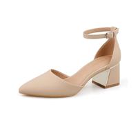 BCTEX COLL Womens Pointed Toe Pumps Shoes Ankle Strap Chunky Low Heels Metal Lined Sandals Designed for Women, Nude Nubuck, 4 UK