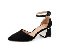 BCTEX COLL Womens Pointed Toe Pumps Shoes Ankle Strap Chunky Low Heels Metal Lined Sandals Designed for Women, Black Nubuck, 7.5 UK