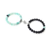 BCughia 2Pcs Bead Bracelet Set, 8MM Lava Rock and Green Stone Bracelet with Flower, Stretch Bracelet 18CM