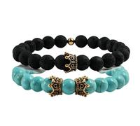 BCughia 2Pcs Couple Bracelets Set, 8MM Lava Rock Blue Turquoise Bracelet with Crown, Womens Stretch Bead Bracelets