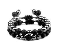 BCughia 2Pcs Couple Stone Bracelets, 8MM Black Stone Lava Rock Bracelet, Adjustable Bracelet for Women 17-30CM