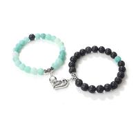 BCughia 2Pcs Couples Matching Bracelets, 8MM Lava Rock Bracelet with Heart, Woman's Stretch Bracelet 18-19CM