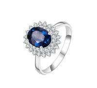BCughia Anniversary Rings 14K Gold, White Gold Ring Flower with Oval 1.5ct Sapphire and Diamond Womens Promise Rings Size P 1/2