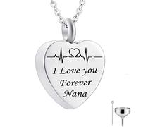 BCughia Ash Necklace for Human Ashes, Heart Necklace Big Silver Nana Heart Pendant Electrocardiogram Engraved I Love You Forever Nana 2x2.5cm