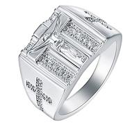 BCughia Cubic Zirconia Engagement Ring Vintage, Punk Ring for Men Silver Copper White Round Gemstone Jesus Cross Proposal Rings Jewelry Gift Size N 1/2