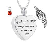 BCughia Keepsake Urn Necklace, Thin Silver Necklace Cubic Zirconia Heart Electrocardiogram Brother Always on My Mind Forever in My Heart 2x2.5cm
