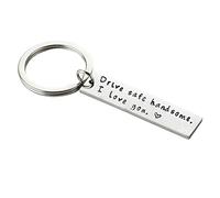 BCughia Key Chain, Funny Keyrings for Men Stainless Steel 45x45mm Keyring with Engraving Drive Safe Handsome Beautiful I Love You for New Year Gift