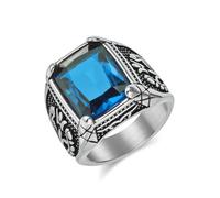 BCughia Men's Rings Stainless Steel, 18MM Vintage Tulip Pattern Ring with Light Blue Stone Size V 1/2