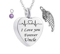 BCughia Necklace for Ashes, Stainless Steel Necklace Light Purple Cubic Zirconia Heart Electrocardiogram Birthstone Wing I Love You Forever Uncle 2x2.5cm