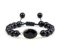 BCughia Stone Bead Bracelets for Men, 8MM Black Stone Bracelet with Oval Charm, Adjustable Bead Bracelet 17-28CM