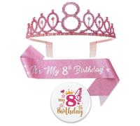 Bcxiuso 8th Birthday Sash Gift Girl - 3 Pcs Pink Glitter It S My 8th Birthday Sash with Crown Tiara Pin Badge Gift Accessories Set for 8 Year Old Kids Girls Princess Party Supplies