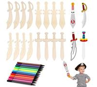 BCYSNR Children's Wooden Sword Painting and 12 Watercolour Pencils, Wooden Pirates for Painting Set, DIY Handmade Wooden Sword for Children, Pack of 16