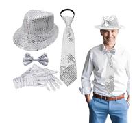 BCYSNR Glitter Outfit, Glitter Outfit Men, Suit Men, with Sequin Braces, Sequin Bow Tie, Gloves, Silver Costumes, Suitable for Carnival Party Dance Performances