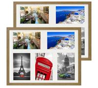 BD ART Set of 2 multi-frames 11x14 inches with a cutout for 5 photos 4x6 inches, oak, solid MDF wooden frame, unbreakable plexiglass, for hanging, perfect for photos, collages, bedrooms, 5 AP