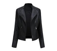 BDCUYAHSKL Autumn and Winter Casual Fashion Women's Lapel Solid Color Long-Sleeved Slim Leather Jacket Short Diagonal Zipper Thin Leather Jacket Women Black