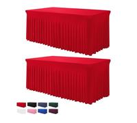 BDDC Table Skirt for 4 Foot Tables - 2 Pack One-Piece Red Tablecloths and Skirt, Wrinkle Resistant Ruffles Elastic Cover for Banquets, Weddings, Events, Parties