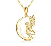 BDDCYWY 14K Solid Gold Guardian Angel Wings Necklace for Women Moon Pendant Necklace Real Gold Jewelry Birthday Gifts for Her Wife Mom Grandma Girlfriend