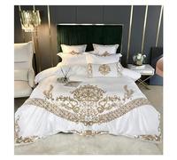 BDDCYWY Four piece bedding set Four Pieces White Luxury European Royal Gold Embroidery 60S Satin and Cotton Bedding Set Duvet Cover Bed Or Fitted Sheet Pillowcases (One Color-Fitted Queen Size 4pcs